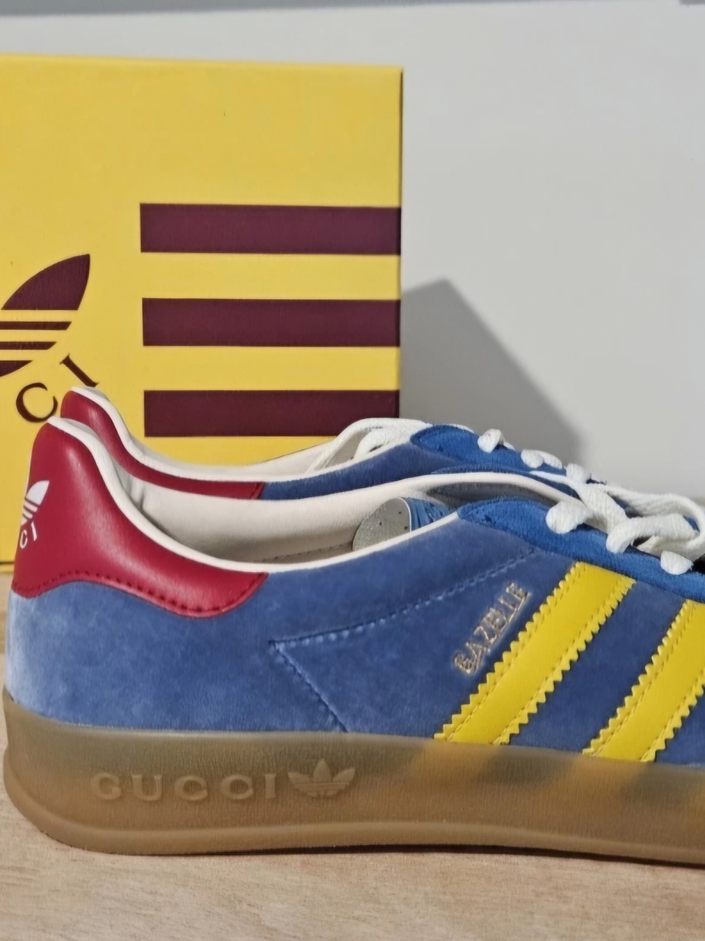 Brand New Authentic Gucci Blue Suede Sneaker with Yellow Stripes Size 8